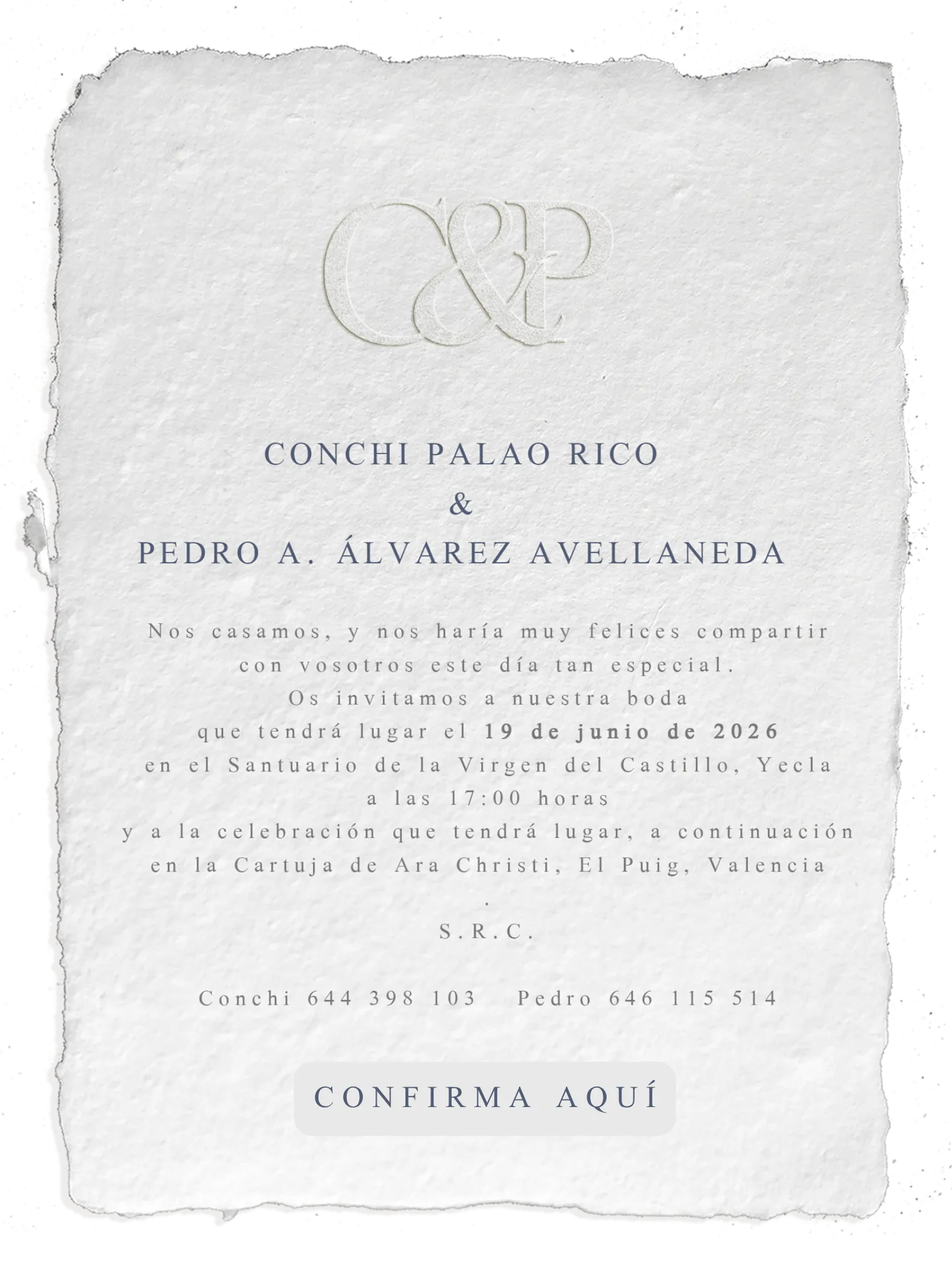 Invitación de la boda de Conchi y Pedro